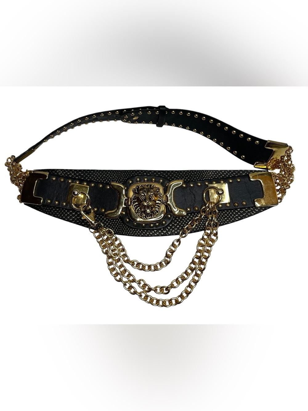 Cache Iconic Vintage 80’s/90’s Black Leather Belt with Gold Lion Buckle
